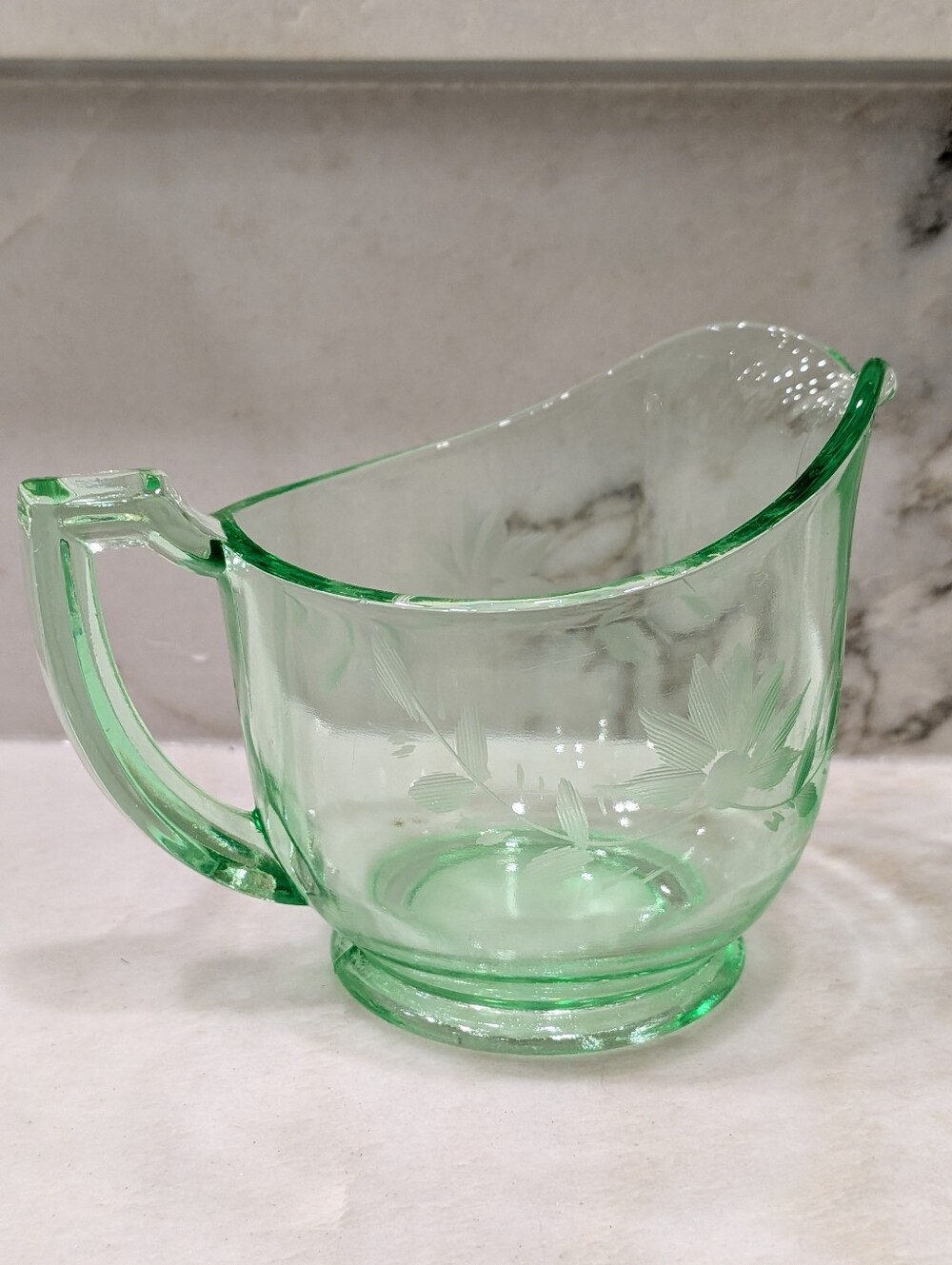 Vintage Etched floral vaseline creamer, green depression uranium glass